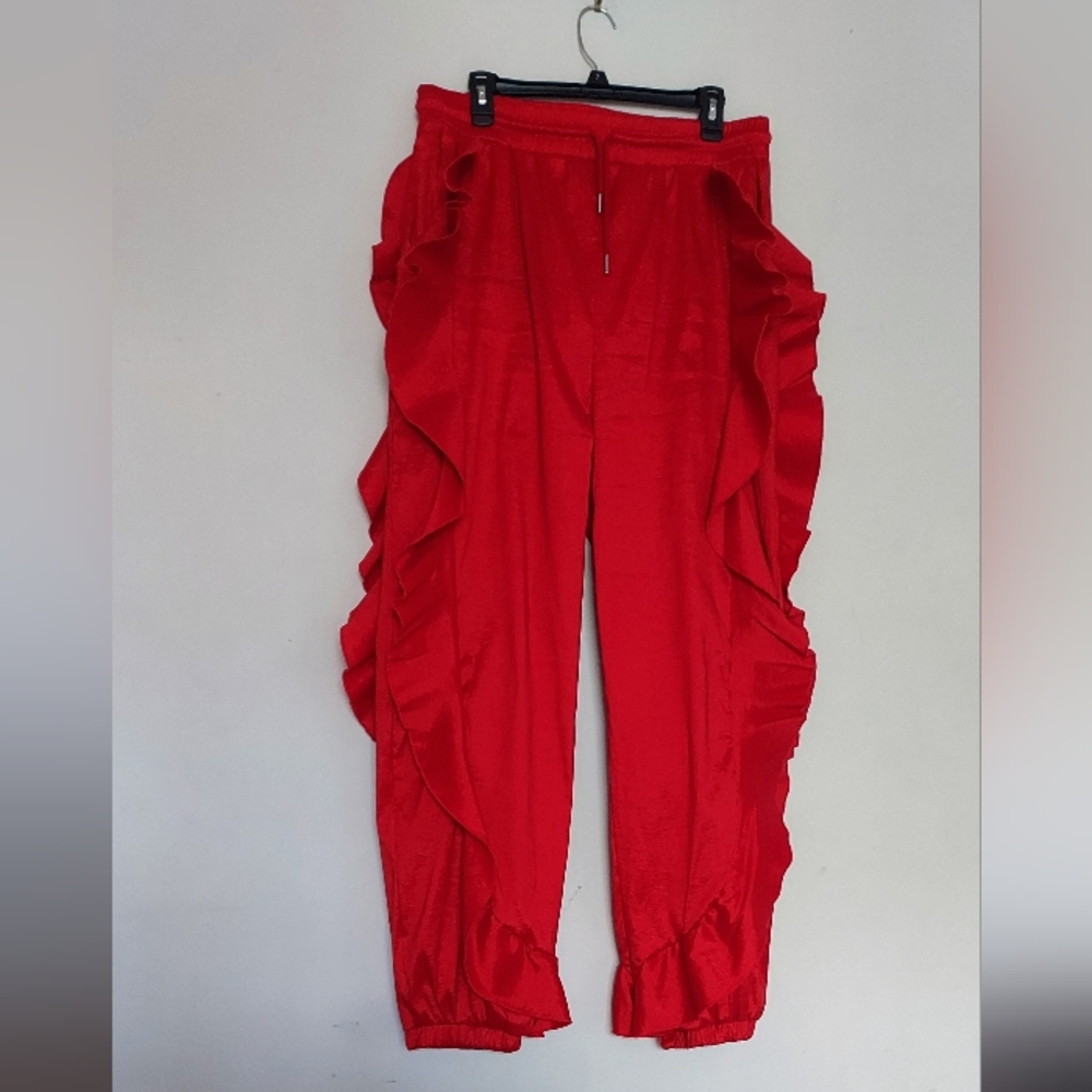 Love Highlight Dressy High Waist Red Ruffle Edge Pants With Elastic Waist Sz-3XL